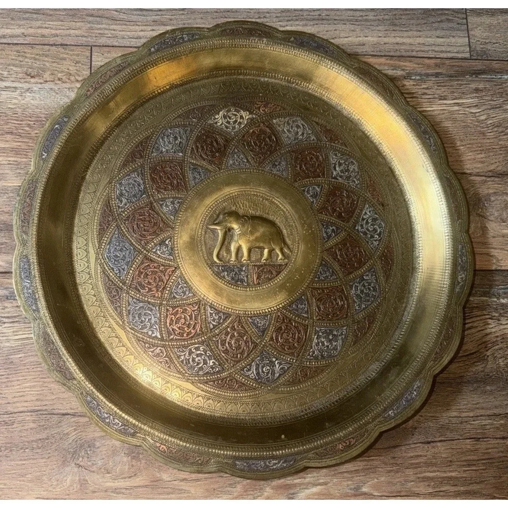 Vintage Brass Elephant Decorative Plate Hand Etched Enamel Indian Wall Decor‎